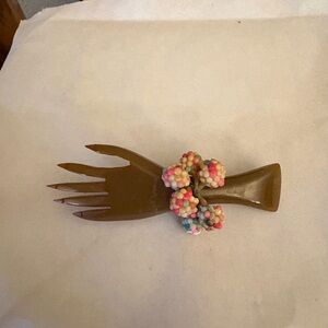 Vintage Brooch Green Bakelite Hand with Colorful Beaded bracelet